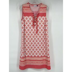 Talbots Cabana Life Dress Sz Medium Coral Pink White Sleeveless Lace Up UPF 50+